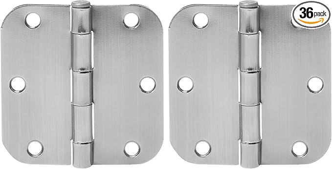 Amazon Basics Rounded Interior Door Hinges with Screws, 3.5" x 3.5", Satin Nickel, Curved Corners, 36-Pack