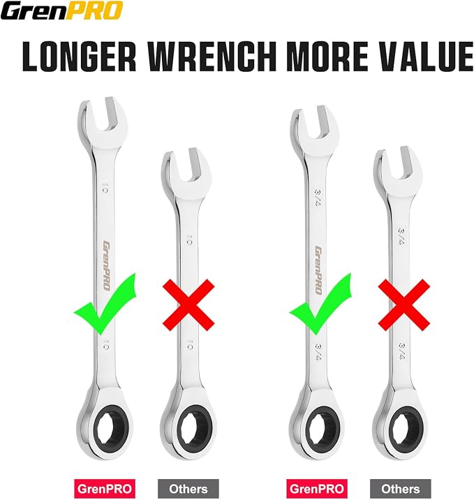 GRENPRO 22PC Ratcheting Wrench Set SAE&Metric Combination Open End Wrenches | 1/4"-3/4"&6-18mm Ratchet Wrenches, Gauge CR-V 72-Tooth 5° Swing 12Pt Mechanic Tools Sets, Roll Pouch for Auto & Home Repair
