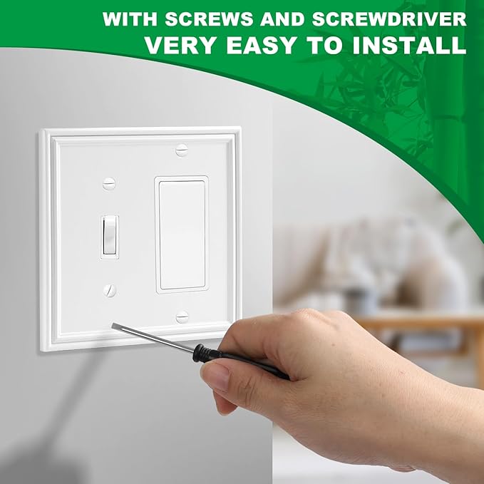 White Decorative Combination Light Switch Covers Wall Plate, Natural Material Rocker Switch Plate Outlet Covers - Modern Style (2 Gang Toggle/Decorator 2 Pack)