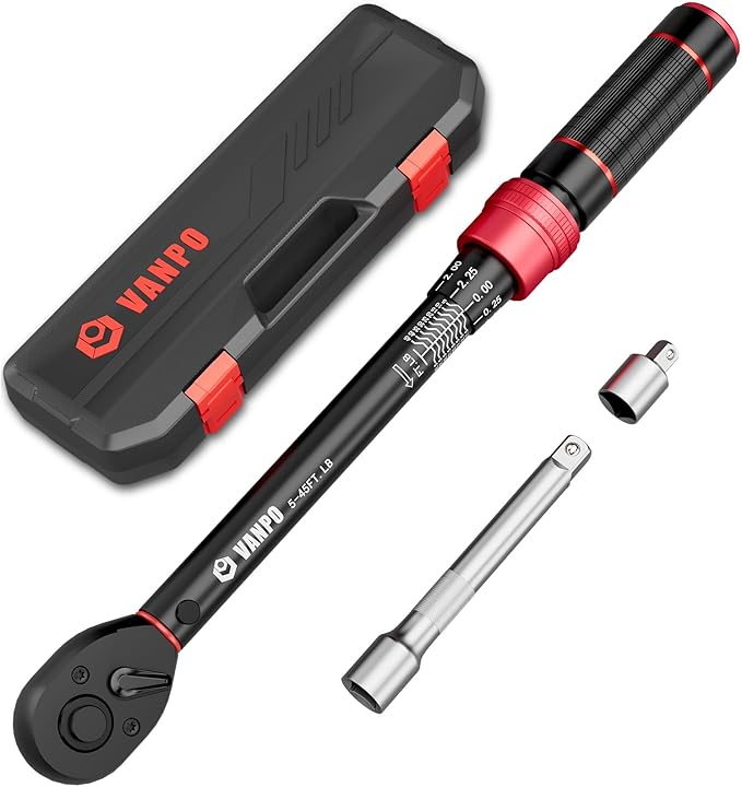 VANPO Torque Wrench 3/8-inch Drive 5-45 Ft-Lb for Spark Plugs,±3% Accuracy | Click Style, 6.8-61Nm, Dual-Direction, 72 Tooth, Aluminum Adjustable Torque Wrench for Bike, Motorcycle & Engine Repair
