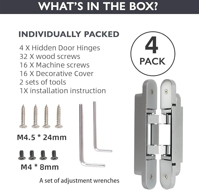 4-Pack 7 inch Silver Hidden Door Hinges,Heavy Duty Zinc Alloy Concealed Hinges, 180 Degree Invisible Hinge, 3 Way Adjustable Butt Hinge