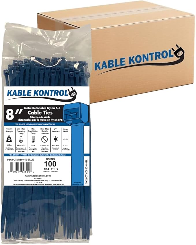 Kable Kontrol Metal Detectable Blue Zip Ties 13000 Pcs, 8 Inch, 40 Lbs Test | Iron Infused Cable Ties, Self-Locking, Metal Detector Compatible, Material Complies FDA Standards, Bulk Pack