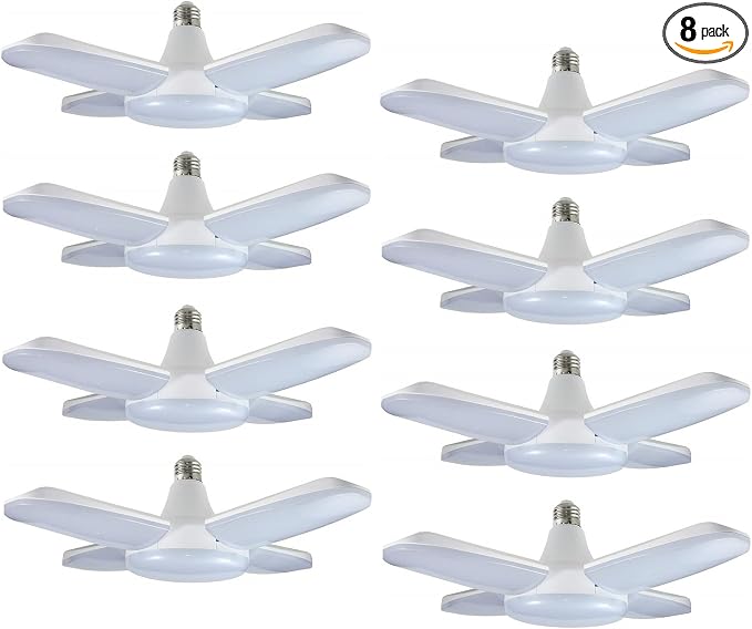 (8 Packs) LED Garage Lights, 60W Trilights Ceiling, High Low Bay Deformable Adjustable 4 Led Light Bulbs 6000LM 6000K, Screw in Tribright Garage Lighting Fixture,CRI80 Daylight