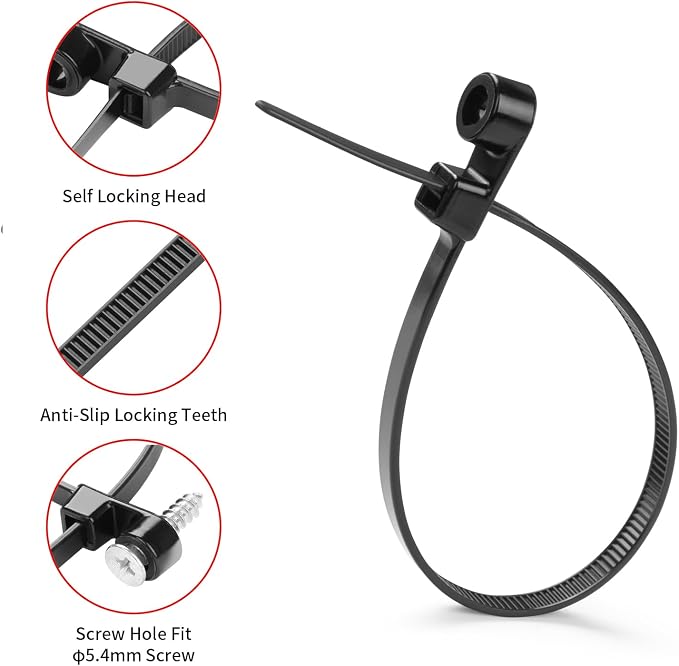 1000 PCS 12 inch Black Zip Ties with Screw Hole 70lbs Mountable head Cable Ties Straps Multipurpose Heavy Duty Nylon Cable Zip Ties with Screw Mounting Hole