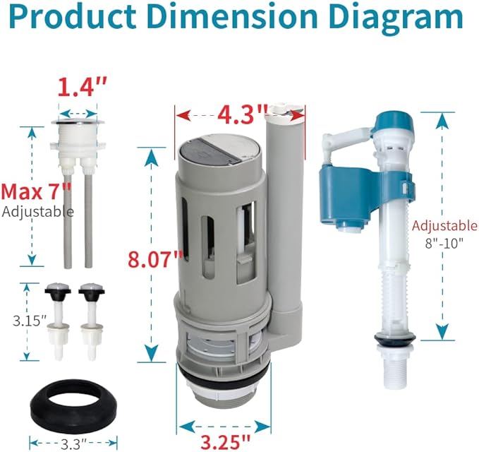 2-Inch Dual Flush Valve Repair Kit for 2-Piece Toilet, Fit for Kohler, American Standard and More. Includes 8.2" Height Flush Valve, 1.4" Threaded Button, Fill Valve, Gasket, Bolts