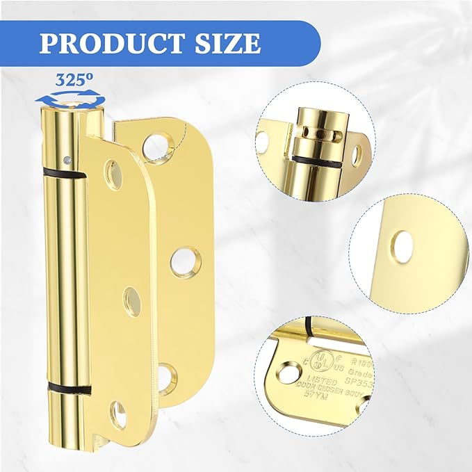Yaocom 10 Pack Self Closing Door Hinge 3.5 Inch Spring Loaded Hinges with 5/8'' Radius Corners Automatic Door Closer Hinge Adjustable Tension for Garage, Residential(Gold)