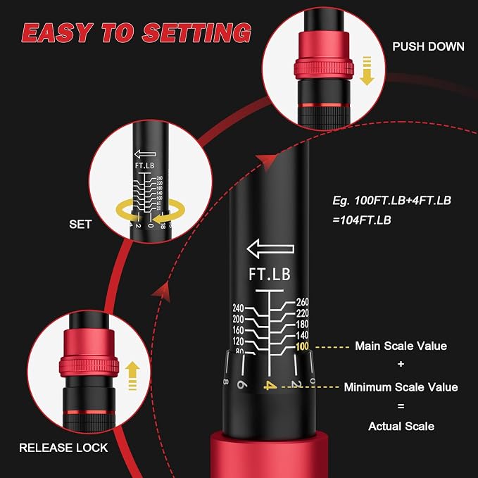 VANPO 1/2-Inch Drive Click Torque Wrench, 20-260 Ft-Lb, for Car & Truck | 27.1-352.3 Nm, 22.04", Dual Direction, 72 Tooth, Adjustment Torque Wrenches with 1/2" to 3/8" Adapter & 125mm Extension Bar