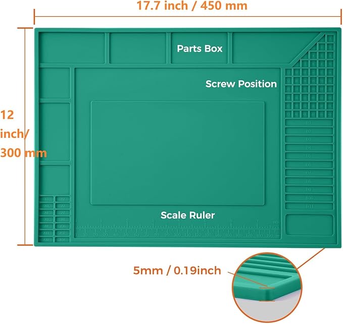 Noah Silicone Soldering Mat 17.7"x 12", Heat Resistant 932°F Odorless Anti-Static Repair Mat with 2 Magnetic Areas & 46 Screw Positions, Non-Slip Work Mat for Electronics, Phone, PCB, Green Bigger