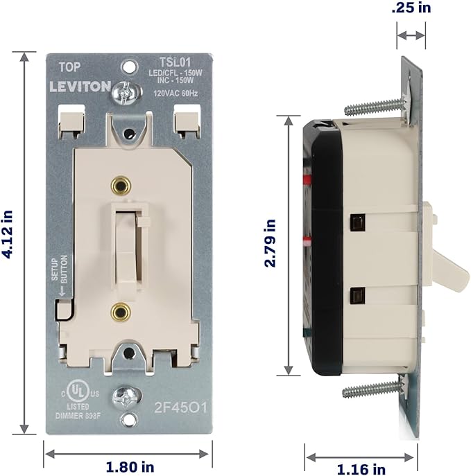 Leviton Toggle Slide LED Advanced Dimmer Switch for 150W Dimmable LED, Halogen and Incandescent Bulbs and Fixtures, TSL01-T, Light Almond