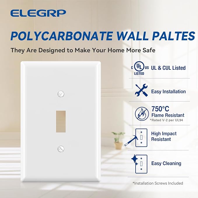 ELEGRP Large Size Toggle Switch Wall Plate, 1-Gang Light Switch Covers, Unbreakable Polycarbonate Replacement Faceplates Covers, UL Listed, Color-matched Screws Included (1 Pack, Glossy White)