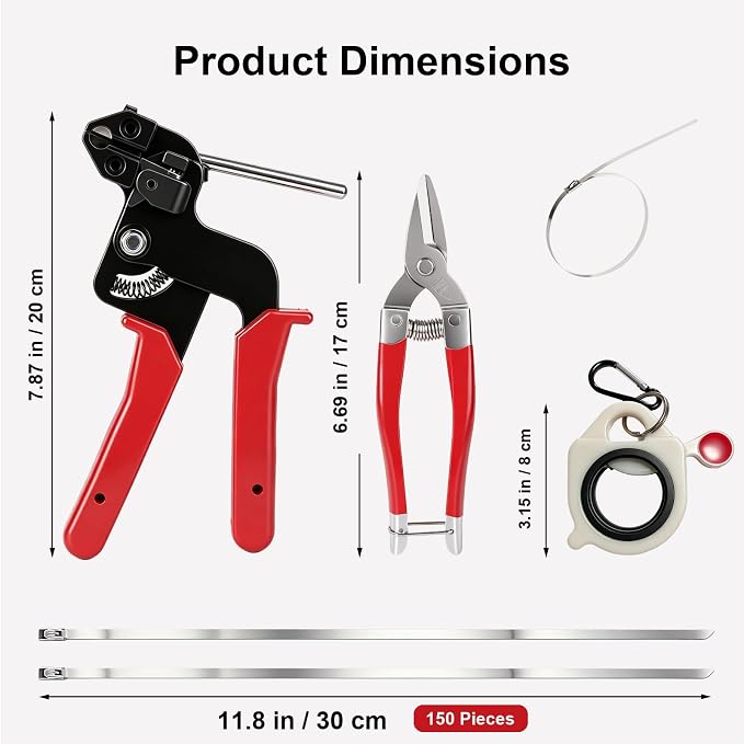 Metal Zip Ties Heavy Duty Outdoor, Metal Zip Tie Tool with 150PCS 11.8 inch | Stainless Steel Zip Ties Gun Kit with Metal Cable Ties for Industrial,Tightening Cutting, Outdoor Fence Automotive Garden
