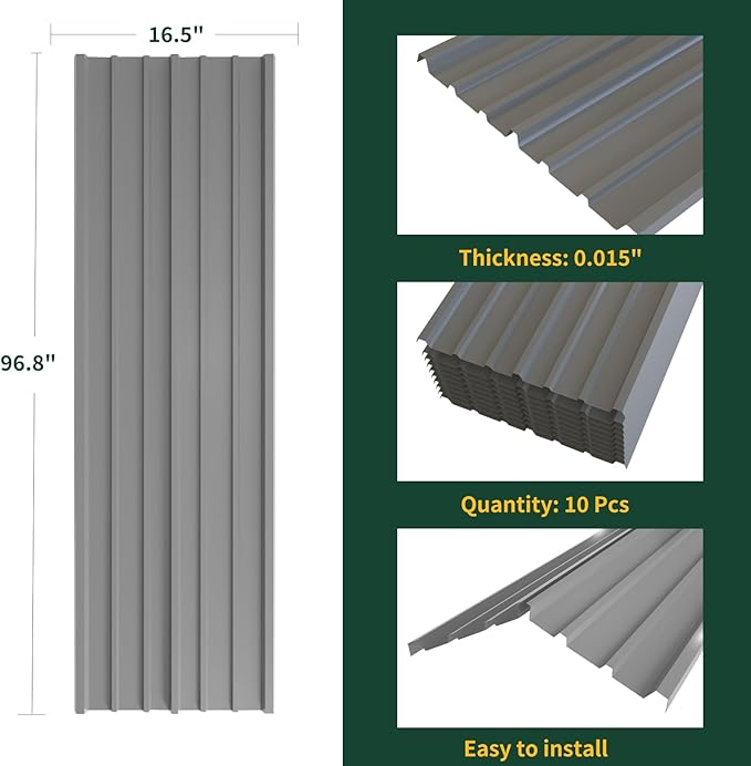 NeatiEase 10 Pcs Metal Roofing Panels, 8.1 Feet Corrugated Galvanized Roofing Panels Metal Siding Panels with Steel Screws for Pergola, Gazebo, Shed, Outdoor Storage, Chicken Coop, Patio,Garages