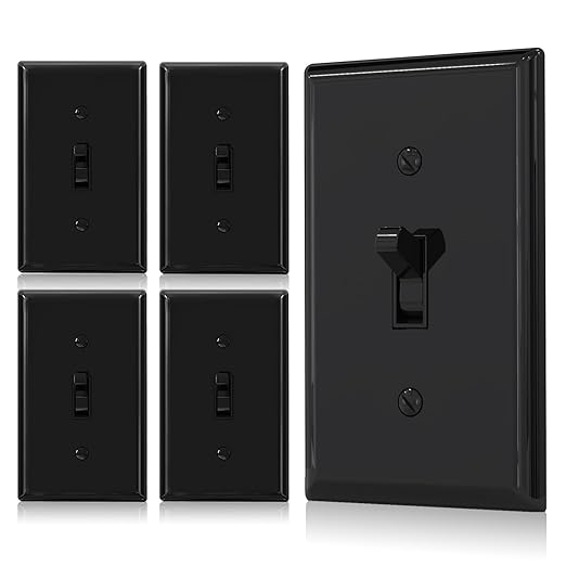 ELEGRP 3 Way Toggle Light Switch with Plate - 15 Amp, 120V Quiet AC Switch - In Wall On/Off, Self-Grounding - Residential & Commercial Grade, UL Listed (5 Pack, Glossy Black)