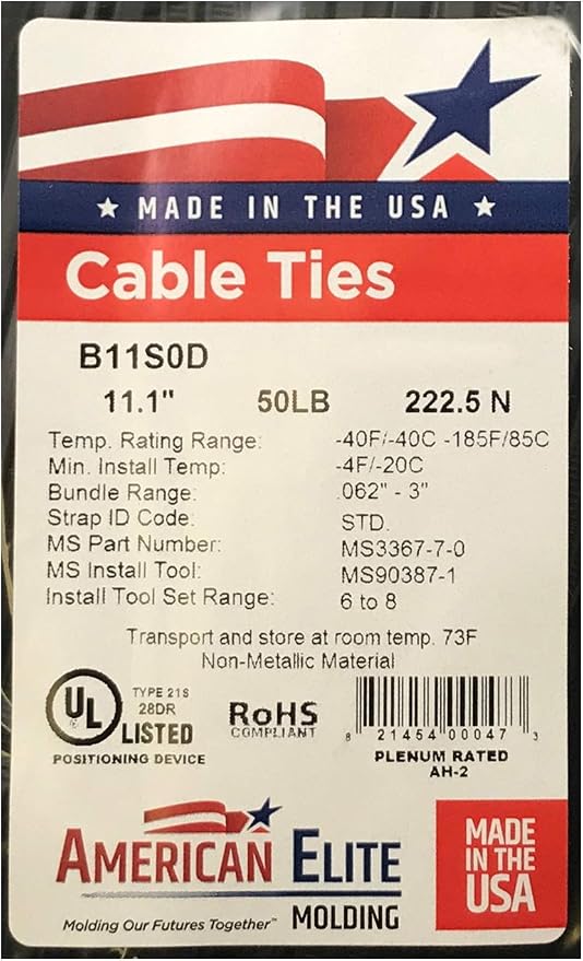 Standard Black 11" Inch Cable Zip Ties 50 Pounds Tensile Strength UV Resistant Wire Wrap - 100 Pack - Made in USA