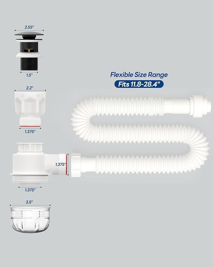 BOTEMY 1 1/2" Bathroom Sink Drain Kit with Flexible Drain P-Trap - No Tool Installation, Anti-Odor White Sink Drain Pipe Kit for Bathroom, Black Pop Up Stopper &Strainer Hair Catcher(with Overflow)