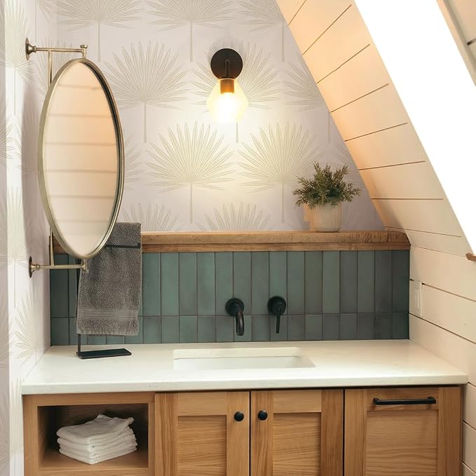 Tempaper Sandstone & Off-White Stamped Palm Removable Peel and Stick Boho Wallpaper, 20.5 in X 16.5 ft, Made in The USA