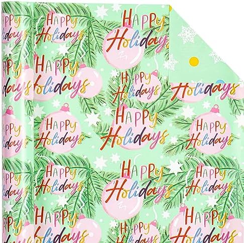 WRAPAHOLIC Reversible Christmas Wrapping Paper - Mini Roll - 17 Inch x 33 Feet - Happy Holiday Lettering with Christmas Ball Design for Holiday, Party Celebration