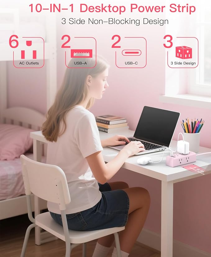 5Ft Extension Cord with Multiple Outlets, Flat Plug Power Strip Surge Protector with 5 Ft Long Cord, 6 Outlet 4 USB Ports (2 USB C), Multi Outlet Wall Plug for College, Dorm Room Essentials(Pink)
