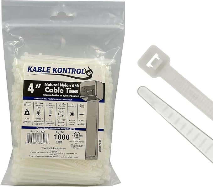 Kable Kontrol Cable Zip Ties Natural White 1000 Pcs 4 Inch, 18 Lbs Tensile Strength, Self-locking Natural Nylon Clear Plastic Wire Ties wraps for Indoor or Outdoor Use
