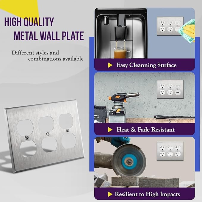 ENERLITES Duplex Receptacle Metal Wall Plate, Stainless Steel Switch Outlet Cover, Corrosion Resistant, Size 3-Gang 4.50" x 6.38", UL Listed, 7723, 430 Stainless Steel, Silver