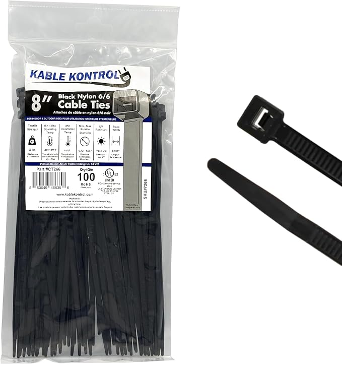 Kable Kontrol Cable Zip Ties 100 Pcs 8 Inch Black, 50 Lbs Tensile Strength, Self-locking UV Resistant Plastic Nylon Wire Ties, for Indoor or Outdoor Use