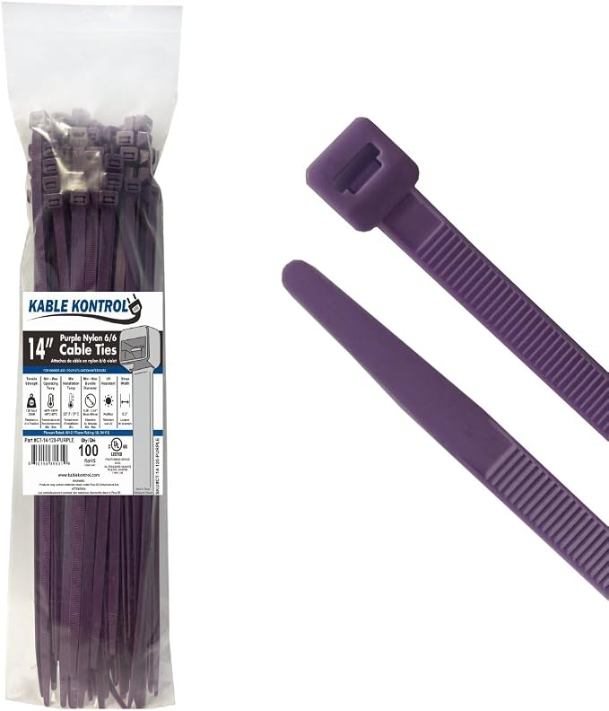 Kable Kontrol Cable Zip Ties, 14 Inch, 100 Pcs, HD 120lbs Test, Purple | Nylon Plastic, Self Locking, UL Listed, Indoor Use