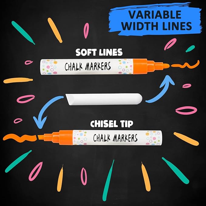 Anyo 12 Pack Chalk Markers for Blackboard, Window Paint with 6mm 2-in-1 Bold Nib Tip, Metallic & Neon Color Wet Erase Window Markers for Glass Washable, Glass, Mirror, Blackboard, Bistro, Menus