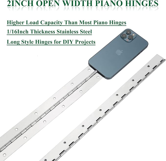 2Pack Heavy Duty Piano Hinge, 2" Open Width x 18" Continuous & Piano Hinges, 0.06” Thick Stainless Steel Piano Hinge with Holes, Polished Stainless Furniture Hinges for Cabinet Door Cases Woodworking