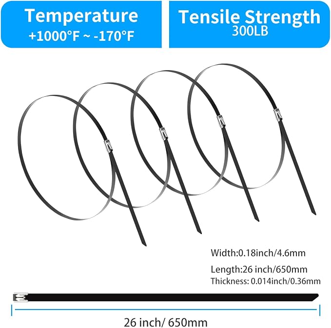 XINGO 26 inch Black Metal Zip Ties Heavy Duty 100 Pack, 304 Stainless Steel Zip Ties, 300lbs Tensile Strength, Multi-Purpose Self-Locking Cable Ties for Exhaust Wrap, Outdoor and Canopy Etc