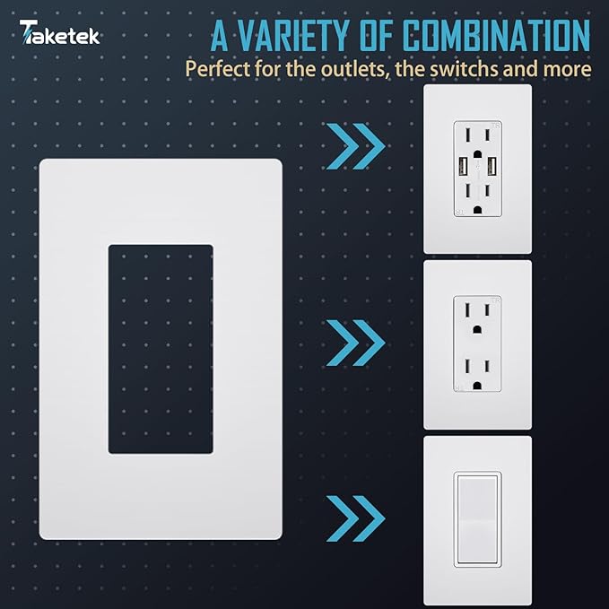 TAKETEK Screwless Decorator Wall Plate, Child Safe Outlet Cover, 1-Gang White Switch Plate Covers, Unbreakable Polycarbonate Thermoplastic, Standard Size, Glossy, 10 Pack