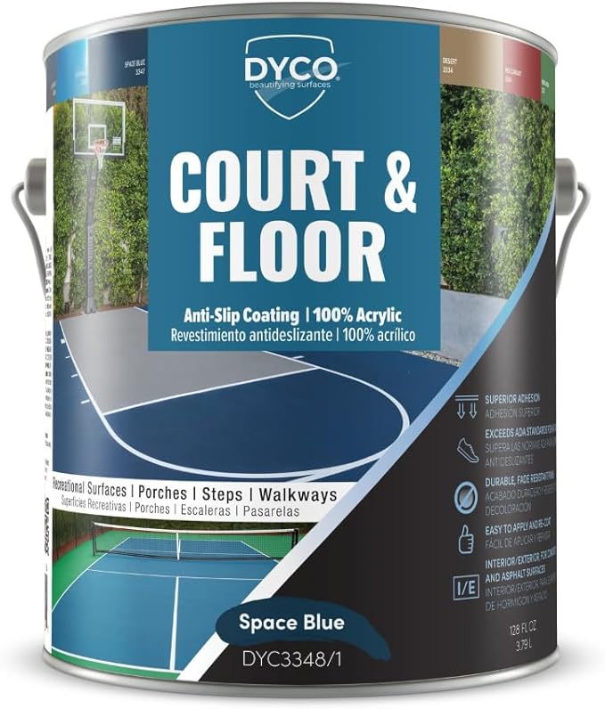 DYCO Court & Floor Anti-Slip Coating - Slip-Resistant Pavement, Cement & Concrete Paint for Pickleball, Tennis & Basketball Courts, Exceeds ADA Standards for Safety Areas (Space Blue, 1 Gallon)