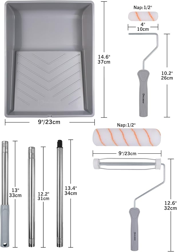 ROLLINGDOG Paint Roller Kit with Extension Pole - 9 Inch Paint Roller with Tray, 4Inch Mini Rollers,Stainless Steel Extension Pole (3ft)