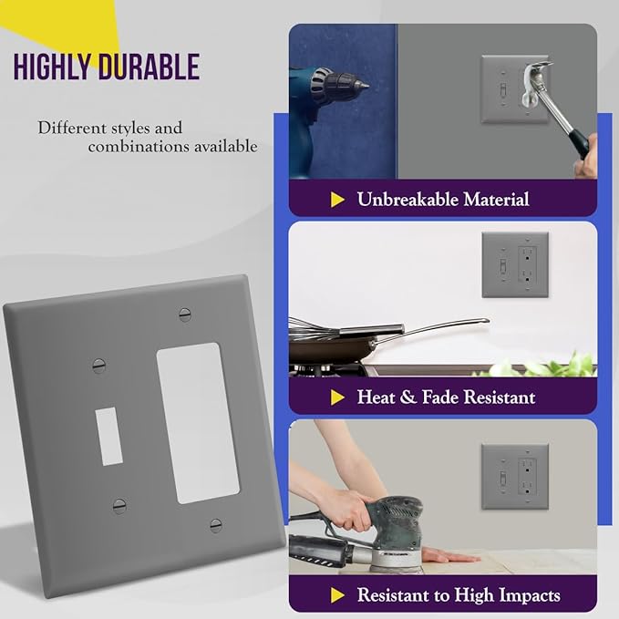 ENERLITES Combination Toggle Light Switch/Decorator Light Switch Plate, Double Switch Wall Plate, Mid-Size 2-Gang 4.88" x 4.92", Polycarbonate Thermoplastic, 881131M-GY, Gray