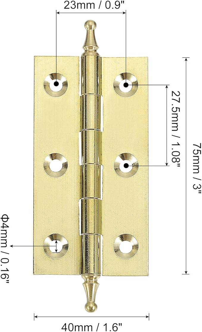 uxcell 2 Pcs Folding Butt Hinges, 3 Inch Brass Small Door Hinges Butt Cabinet Hinges Pointed Folding Craft Hinges with Screws for Door Wooden Boxes Windows Dressers, Gold Tone