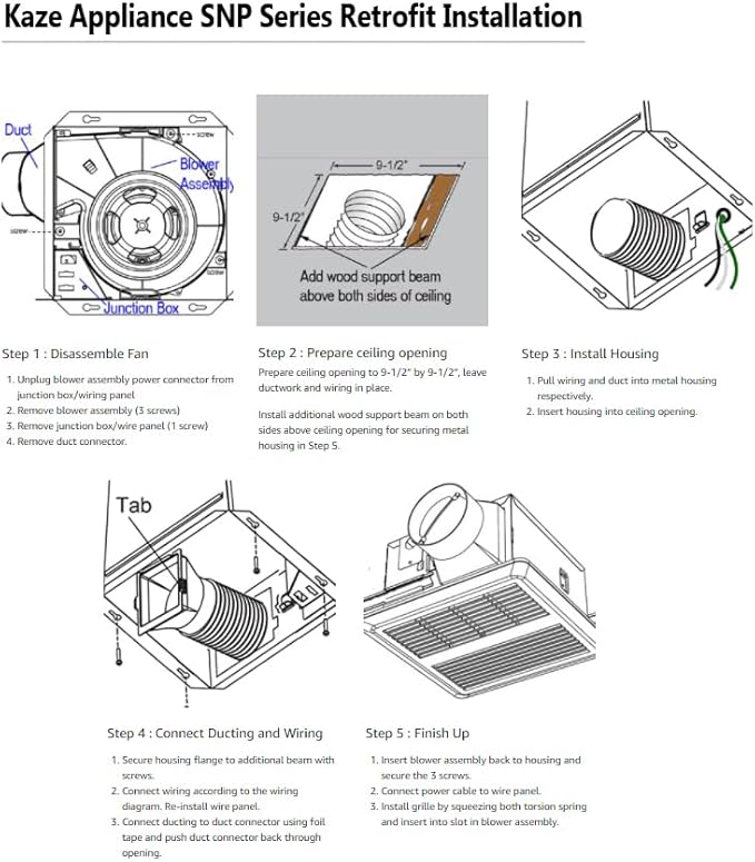 KAZE APPLIANCE SNP100H | 100 CFM | 0.8 Sone | Energy Star Certified | Humidity Sensing | No Attic Access Required | Bathroom Ventilation Exhaust Extractor Fan