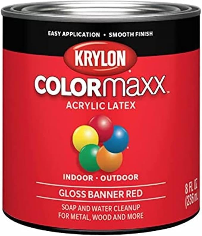Krylon K05633007 COLORmaxx Acrylic Latex Brush On Paint for Indoor/Outdoor Use, ½ Pint, Gloss Banner Red, 1 Quarts (Pack of 1)