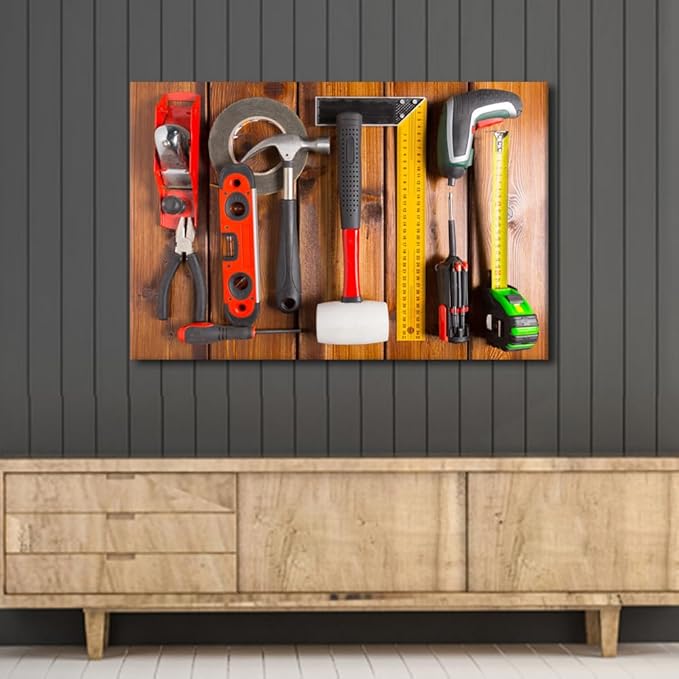Big Wall Art for Living Room Wall Decor Blue Background House Renovation Tools and Accessories Top View Poster, Canvas Supermarket Hotel Tool Room Hardware Store Wall Decor 1 Panels (24"Wx36"H)