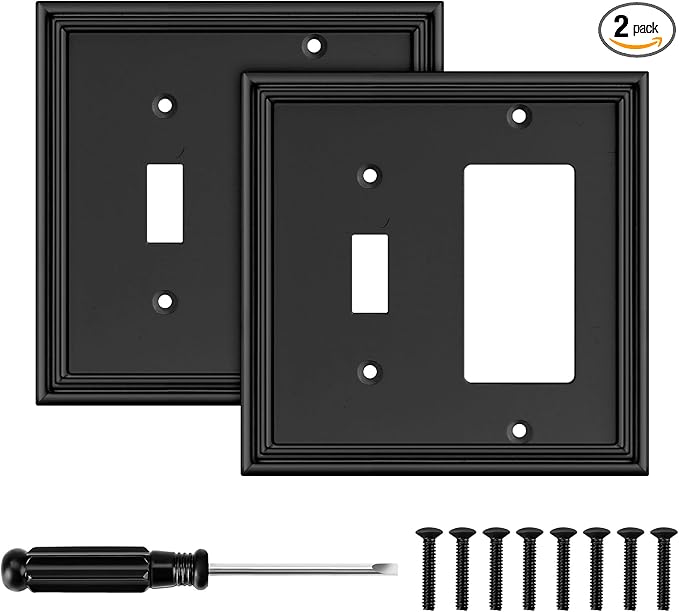 Black Modern Decorative Wall Plate Light Switch Cover Decorator Outlet Covers Rocker Switch Plates Bamboo Fiber Material Wall Plates for Kitchen Bathroom (2 Gang Toggle/Decorator-2 Pack)