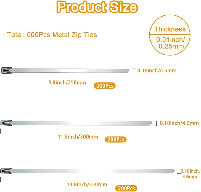 600Pcs Metal Zip Ties Assorted Size 9.8+11.8+13.8 Inch 304 Stainless Steel Zip Ties Self Locking Heavy Duty 220 Pound Tensile Strength Adjustable Cable Ties for Indoor Outdoor Fence Canopy Workshop