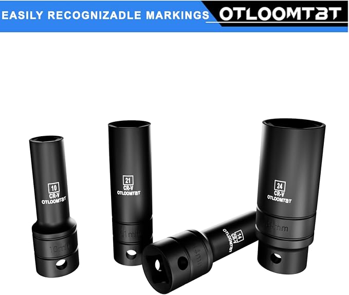 OTLOOMTBT 1/2" Drive Impact Socket Set, Metric Deep with Drill Adapter | 14PCS HeavyDuty Cr-V Steel Impact Sockets, 6-Point Grip,High Torque Ready for Auto Repair, Mechanics &DIY Projects