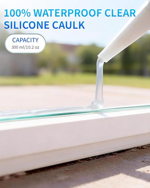 Silicone Caulk & Sealant Clear, 100% Waterproof Silicone Sealant, Shrink & Crack Proof, Silicone Sealant Caulking for Kitchen, Bathroom, RV, Interior & Exterior Use, 10.2 FL. OZ/300ML, 12 Pack
