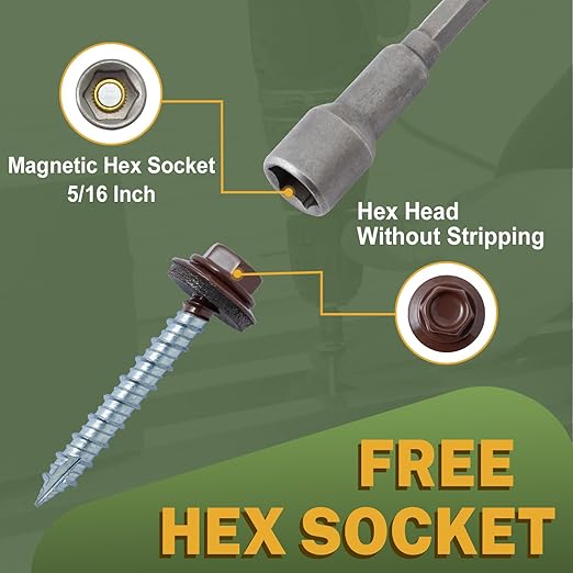 LIONMAX Metal Roofing Screws #10 x 1-1/2 Inch, 300-PCS, Brown Painted Hex Head Sheet Metal Roof Screws, Rubber Washer, Sharp Point, Metal to Wood Siding Screws, Hex Socket Included