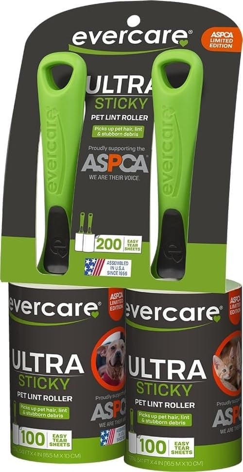 Evercare Pet Hair Lint Rollers All Purpose Use 100 Easy-Tear Sheets Per Roll Reusable Sticky Roller Pets Cat & Dog Hair Remover Contoured Handle for Furniture Clothing & Cars, Set of 2, Green