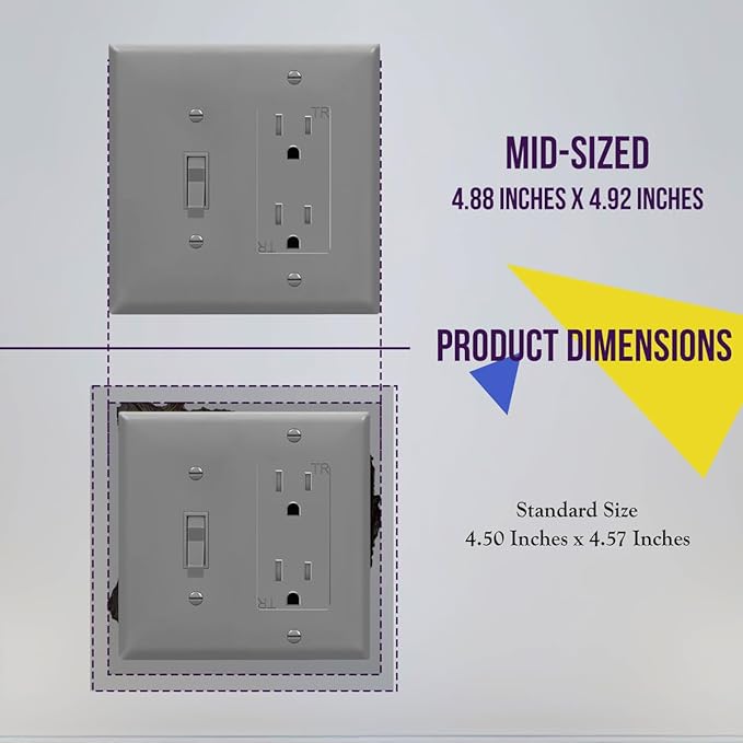 ENERLITES Combination Toggle Light Switch/Decorator Light Switch Plate, Double Switch Wall Plate, Mid-Size 2-Gang 4.88" x 4.92", Polycarbonate Thermoplastic, 881131M-GY, Gray