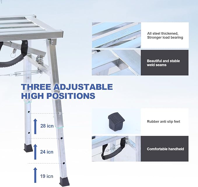 Work Platform Adjustable Height Steel Portable Scaffolding Platform 380 LBS Load Capacity 38''X12 Folding Step Ladder Drywall Painting Stool (38inch)