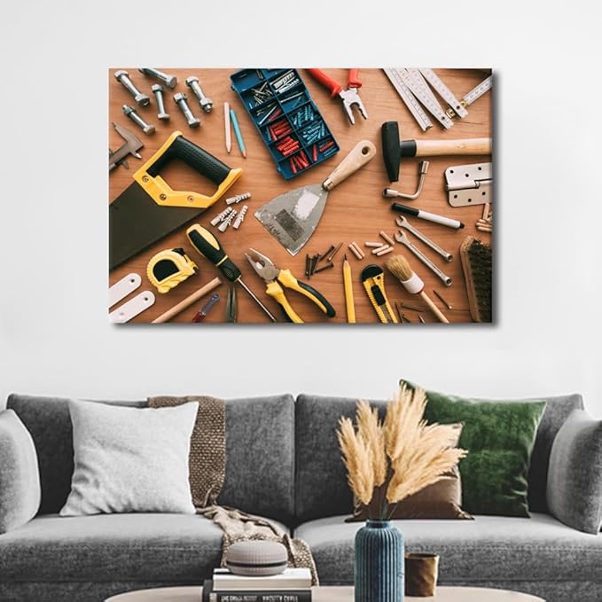 TUMOVO 1 Panels Large Wall Art for Living Room Assorted Woodwork Carpentry or Construction Tools Poster Canvas Supermarket Hotel Tool Room Hardware Store Wall Decor Ready to Hang (24" Wx36 H)