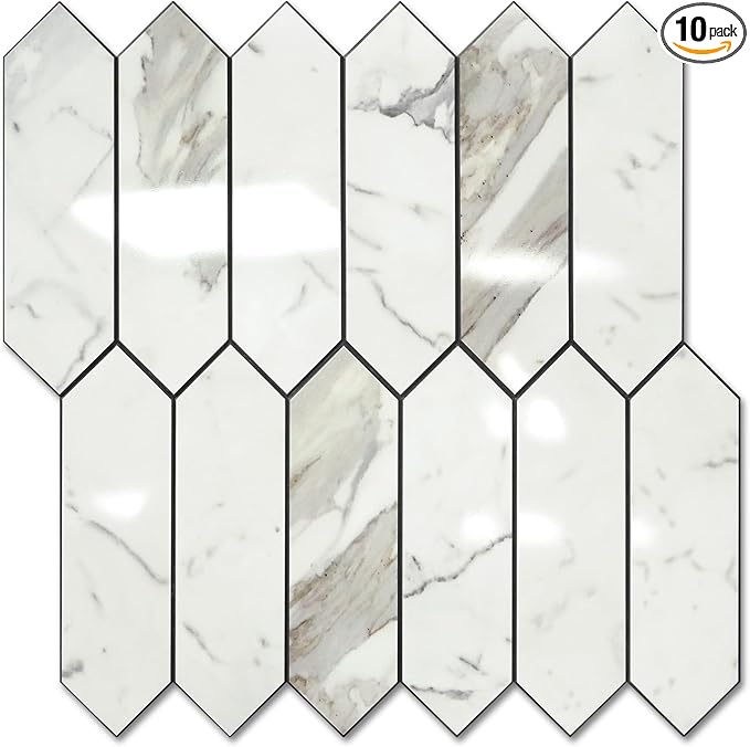 Vamos Tile Glossy Carrara White Backsplash Tile Peel and Stick, 12.8 x 12.8 Inch 10 Sheets Long Hexagon PVC Self Adhesive Mosaic Wall Tiles Stick on Backsplash for Kitchen and Bathroom
