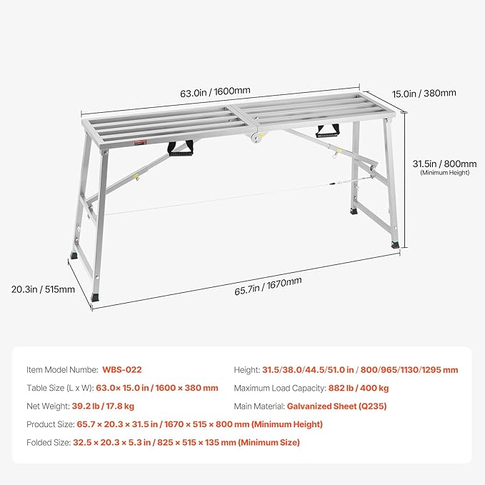 VEVOR Work Platform, 63"x 15" Portable Scaffolding Platform, Folding Steel Step Ladder Adjustable Height 31.5”-50.1”, 800 lbs Load Capacity, Non-Slip Drywall Painting Stool for Cleaning &Washing