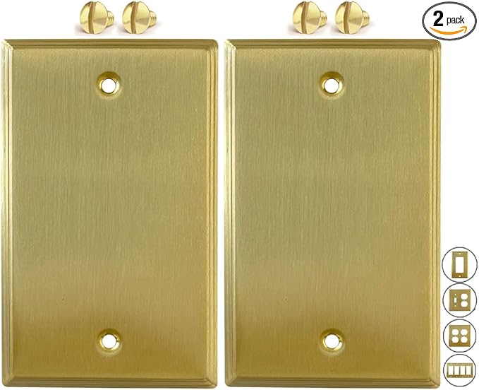 Rio Salto BRASS Deco Collection Brushed Brass Blank Wall Plates Single Gang Light Switch Plate Cover for Unused Outlets 4.5" X 2.75" Decorative Luxury Premium Wall Plate - Standard Size