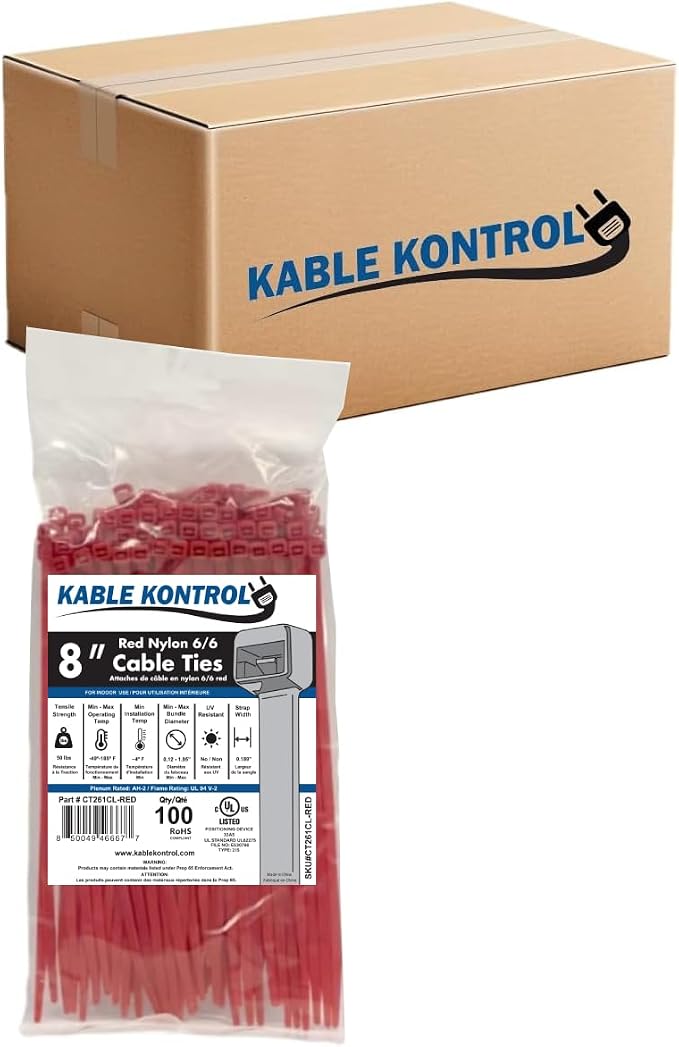 Kable Kontrol Cable Zip Ties, 8 Inch, 10000 Pcs, 50lbs Test, Red | Nylon Plastic, Self Locking, UL Listed, Indoor Use